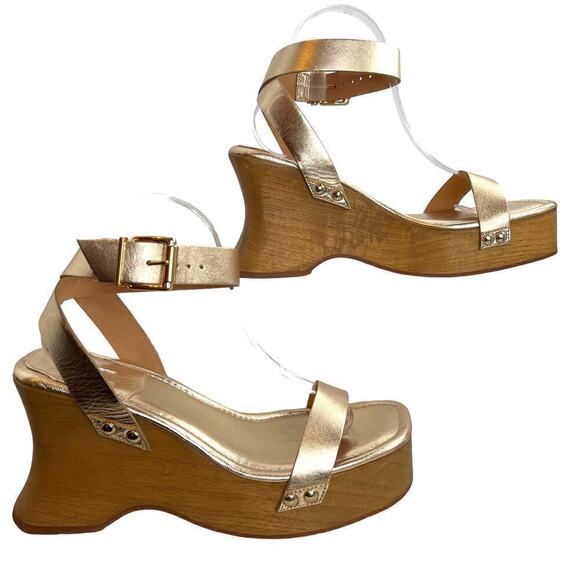 SCHUTZ Lansy Buckle Ankle Strap Wooden-sole Platform Sandals in Gold Size 9.5 - Picture 5 of 13